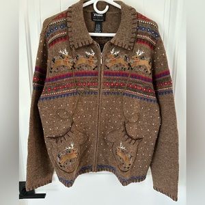 Designer Originals Ladies Brown Snowflake Zip Up  Sweater & Mittens Size L